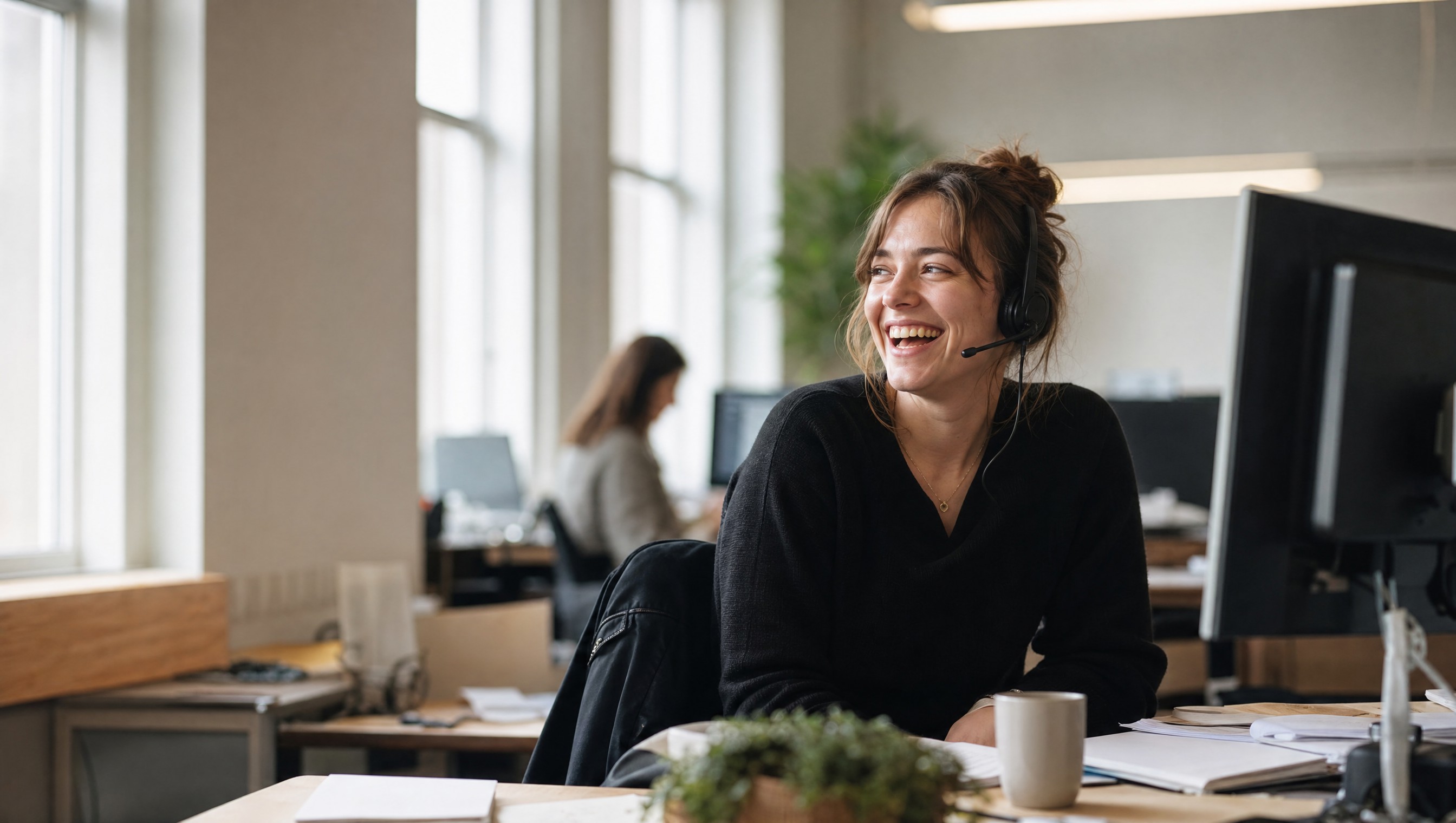 A person laughing warmly during a headset call