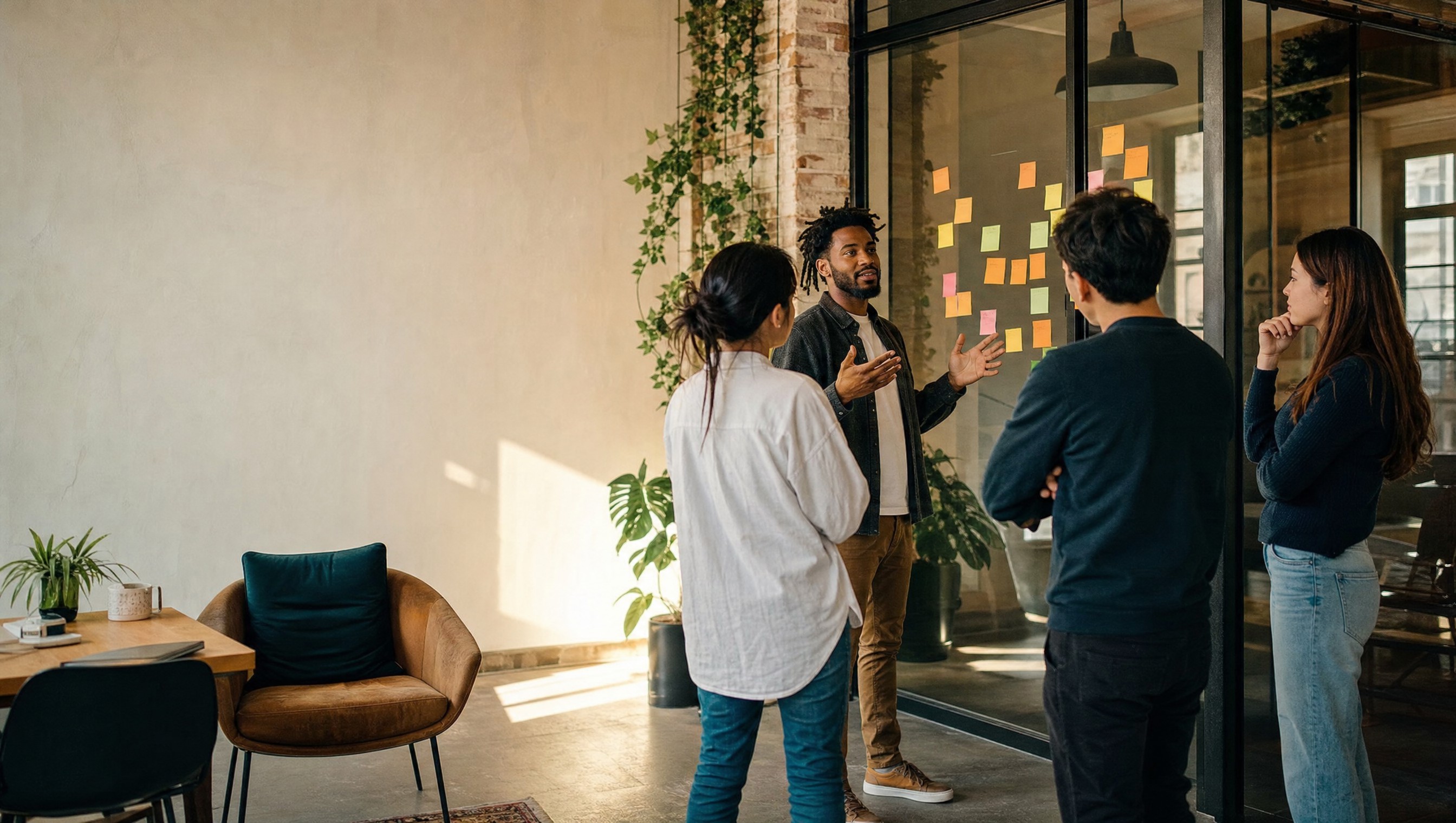 A small team planning campaigns at a sticky-note wall