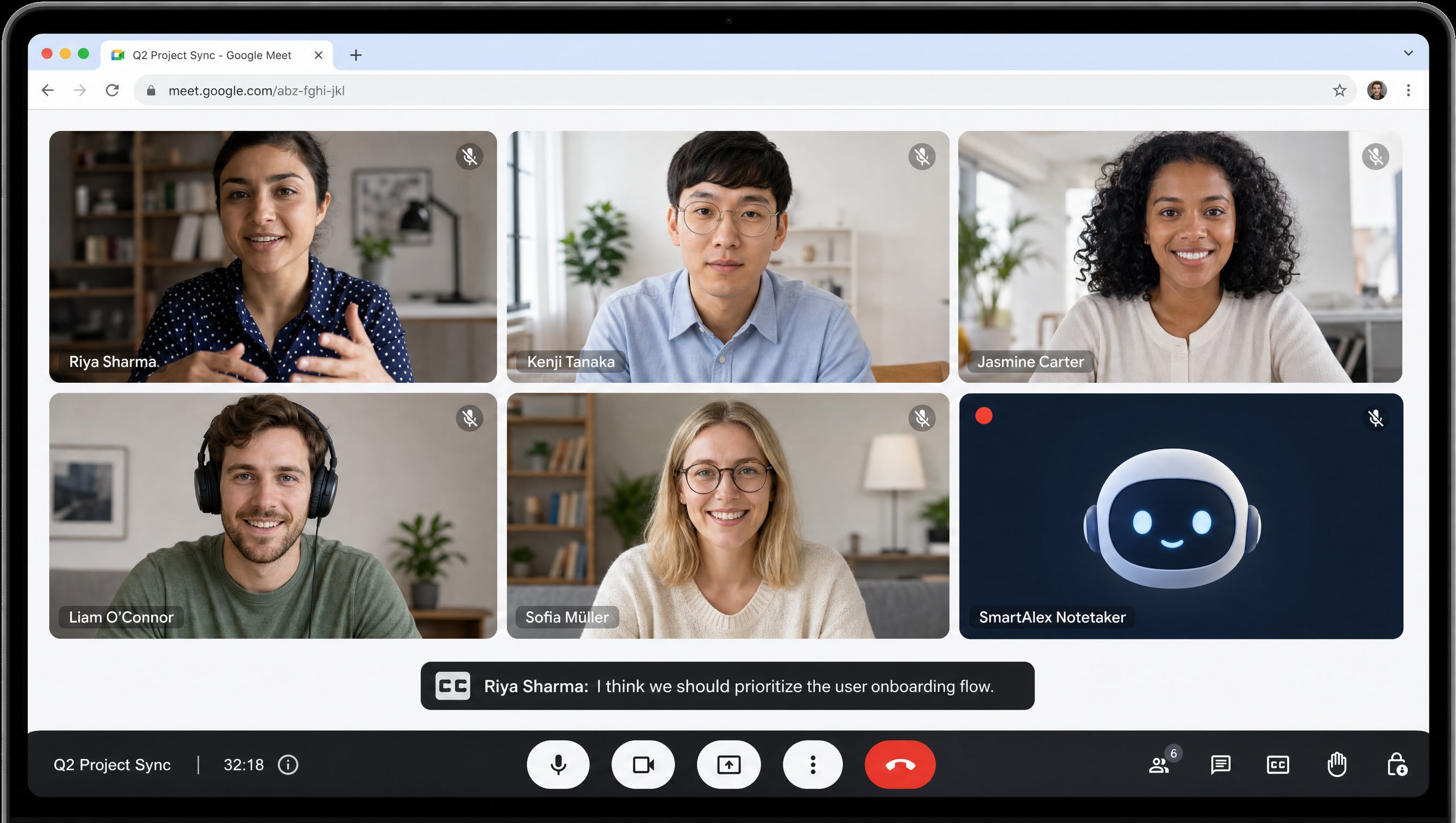 The SmartAlex notetaker in a Google Meet call with live captions