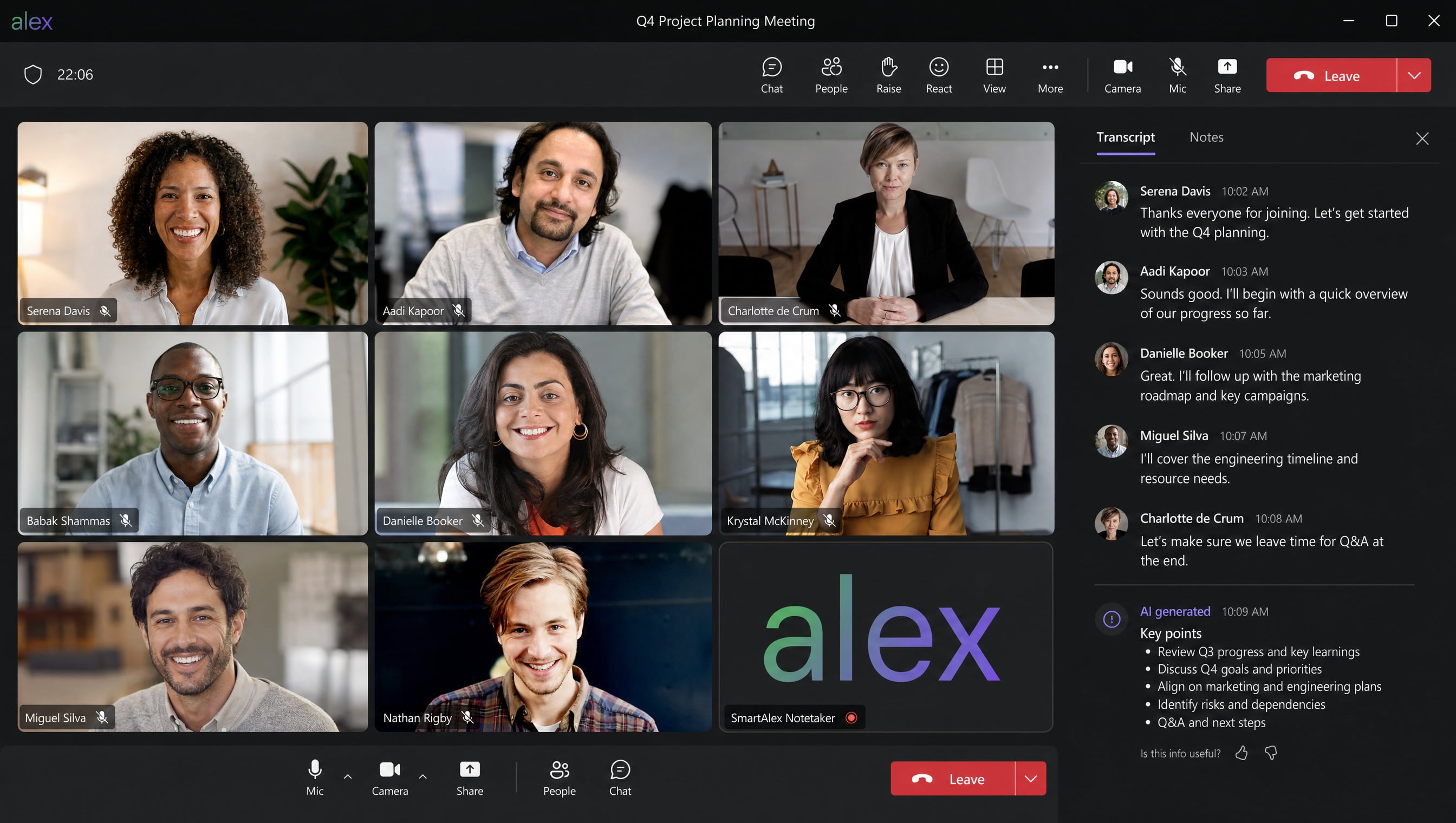 A Microsoft Teams call with the alex notetaker, a live transcript and an AI key-points notes panel