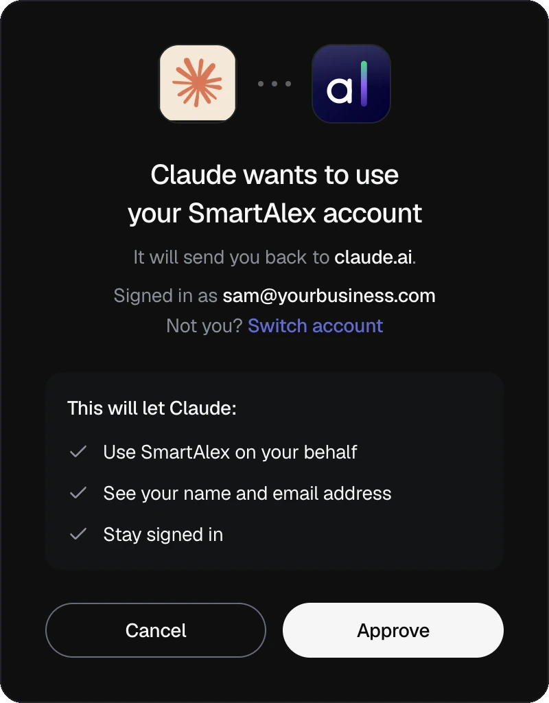 The SmartAlex sign-in page asking you to approve Claude, with Cancel and Approve buttons