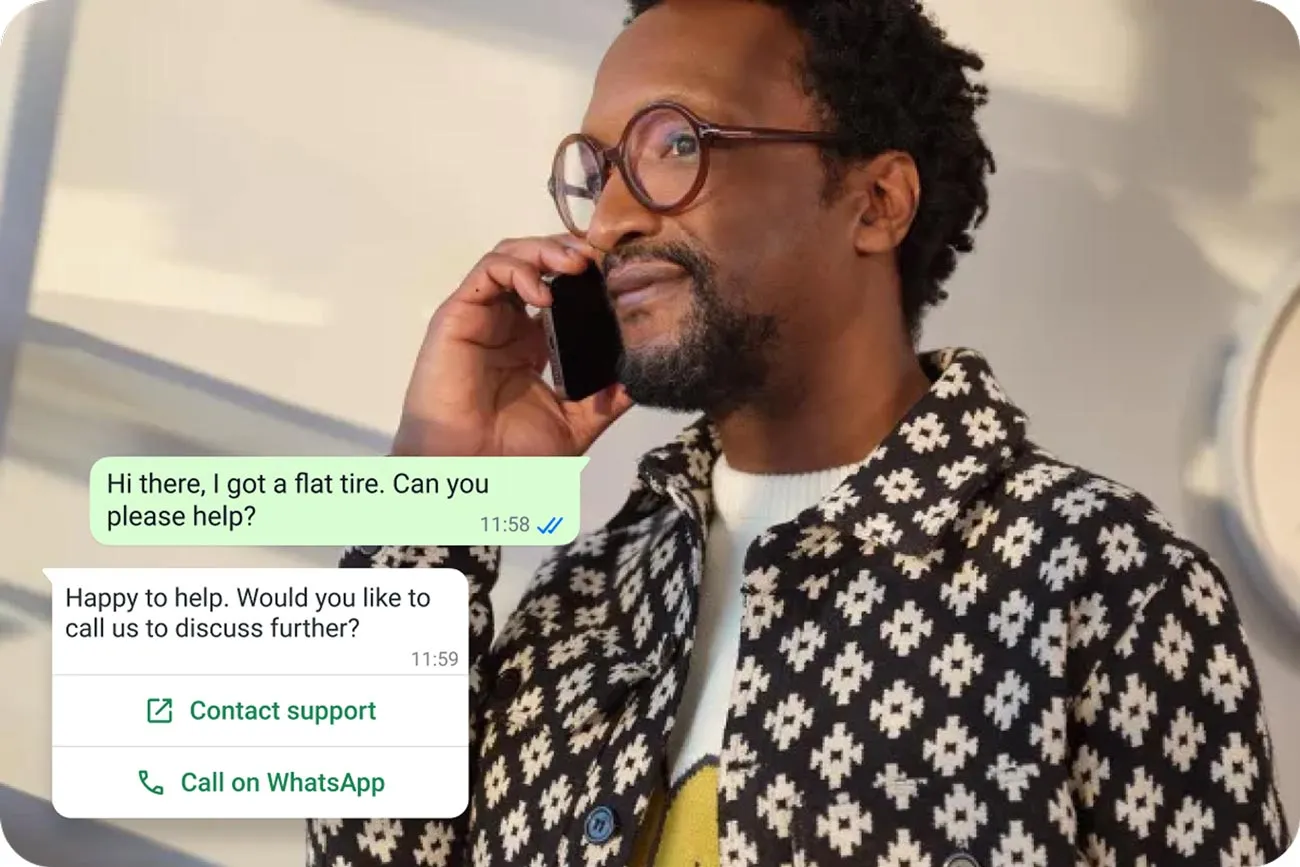 A WhatsApp chat with a Call on WhatsApp button below the business reply